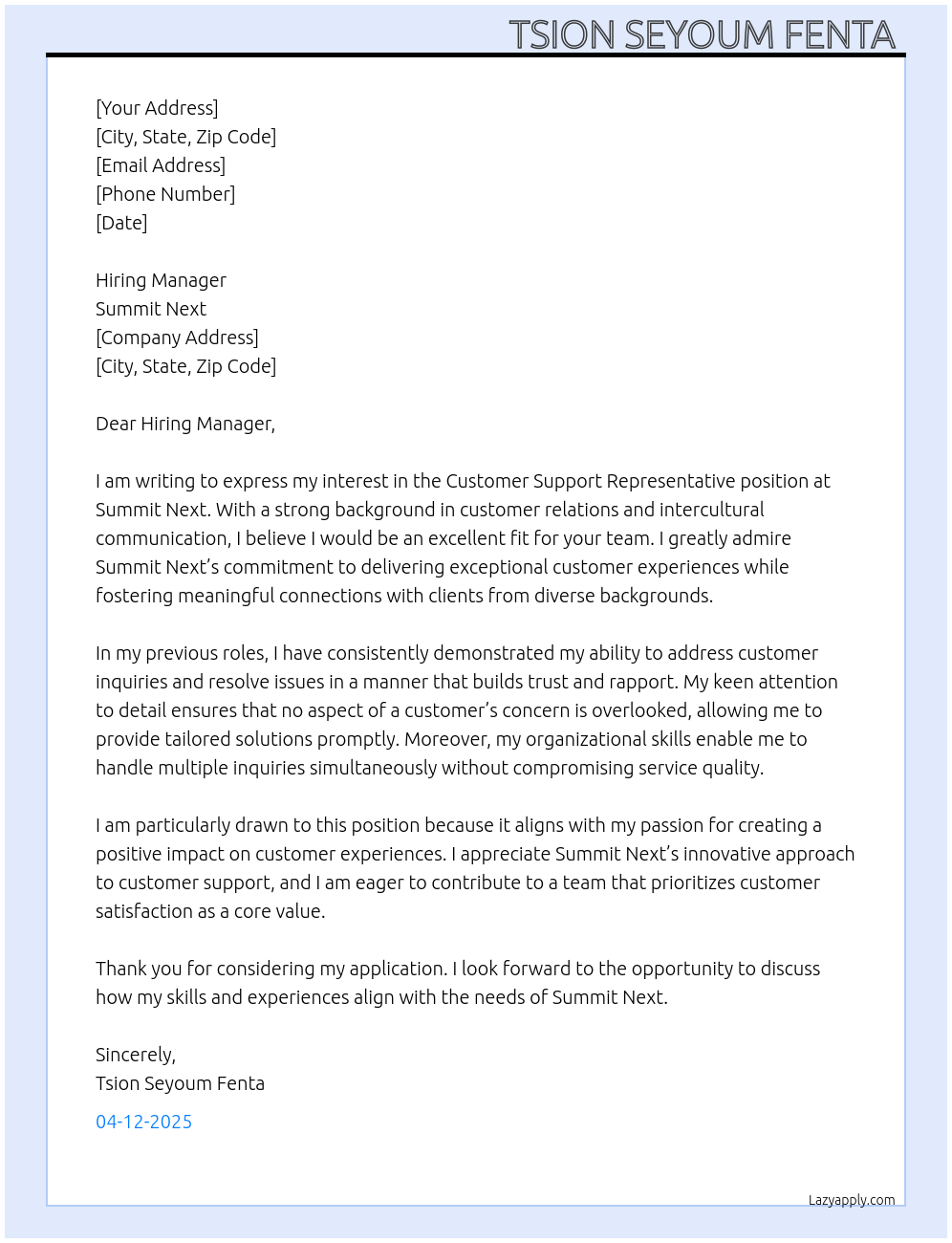 Customer support representative  At Summit next Cover Letter