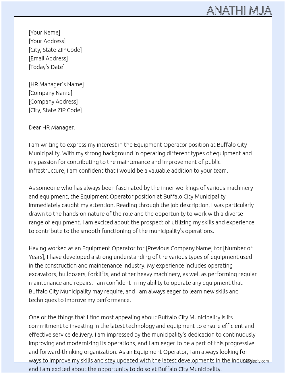 Equipment Operator At Buffalo City Municipality Cover Letter