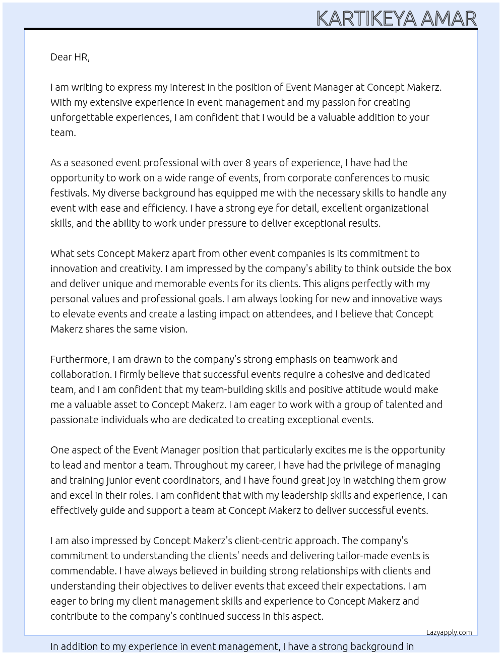 Event Manager At Concept Makerz Cover Letter