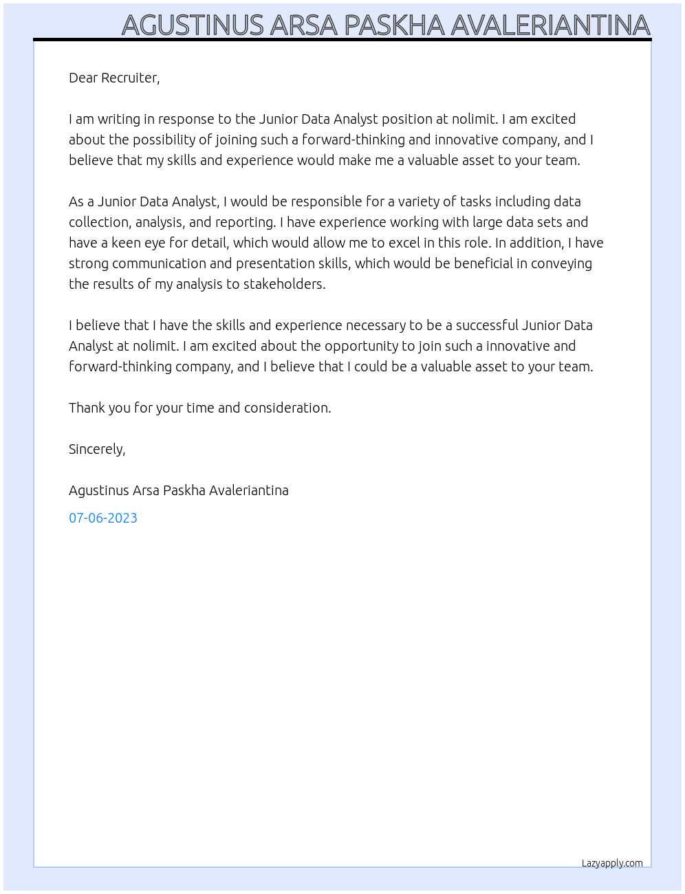 Junior Data Analyst At nolimit Cover Letter