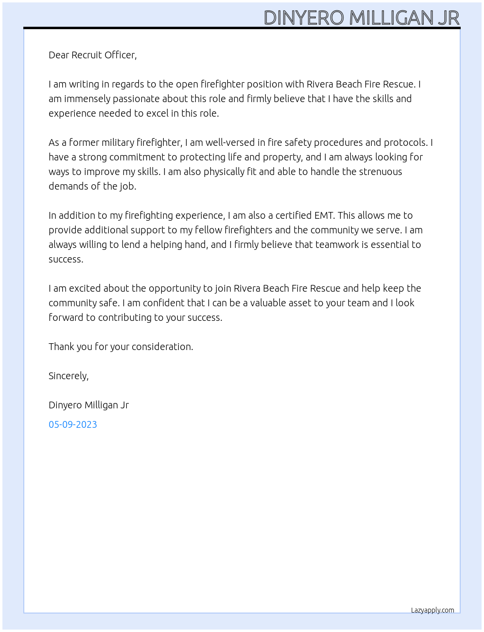 Firefighter At Rivera Beach Fire Rescue Cover Letter