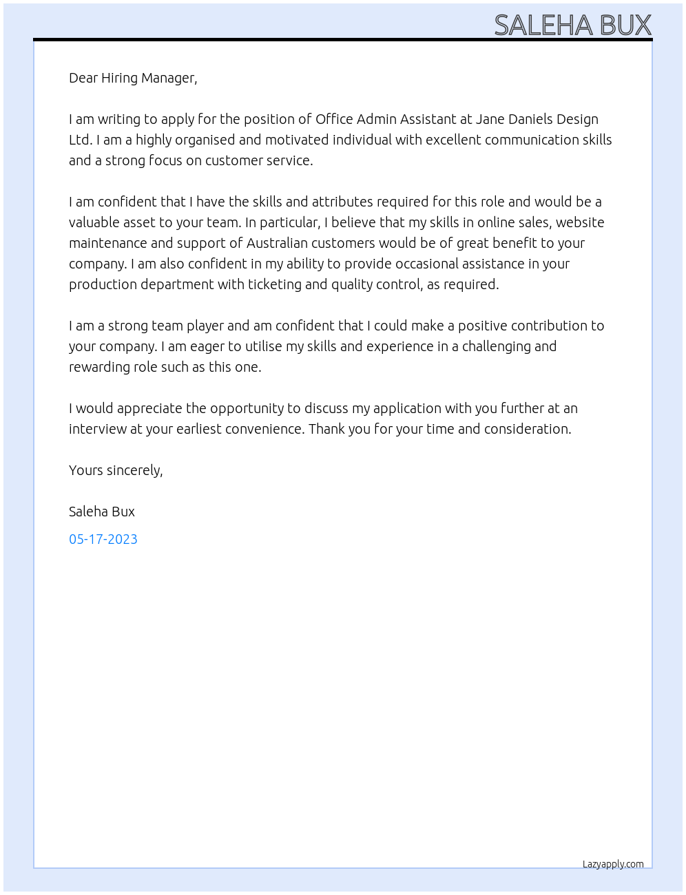 OFFICE ADMIN ASSISTANT At JANE DANIELS DESIGN LTD Cover Letter