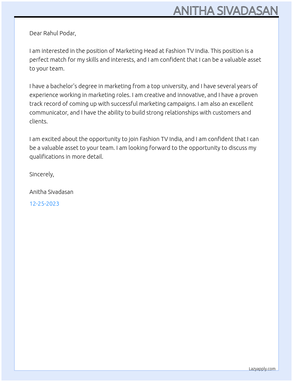 Marketing Head At Fashion TV India Cover Letter