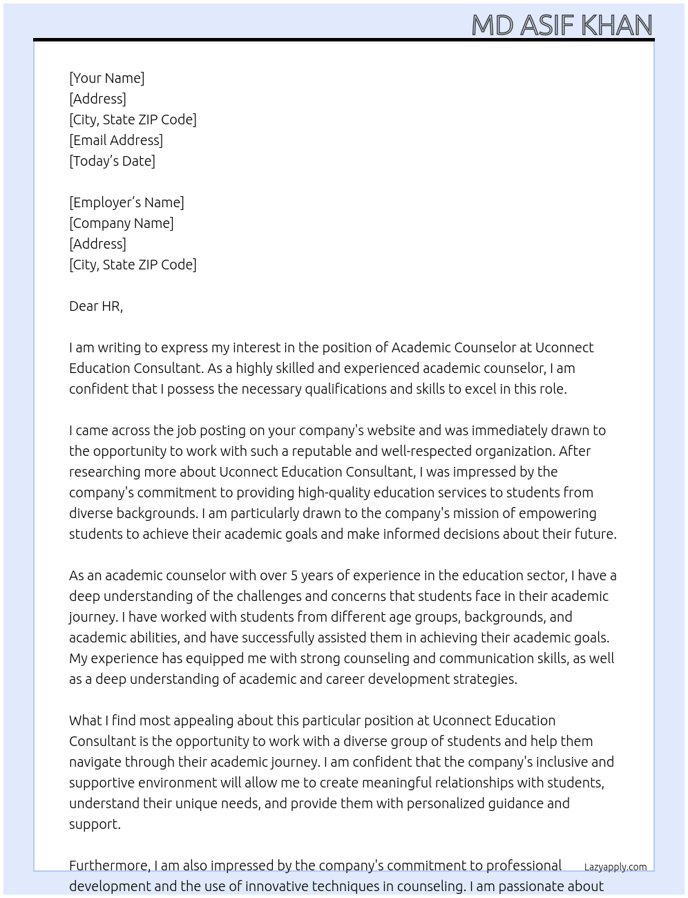 Academic Counselor At Uconnect Education Consultant Cover Letter