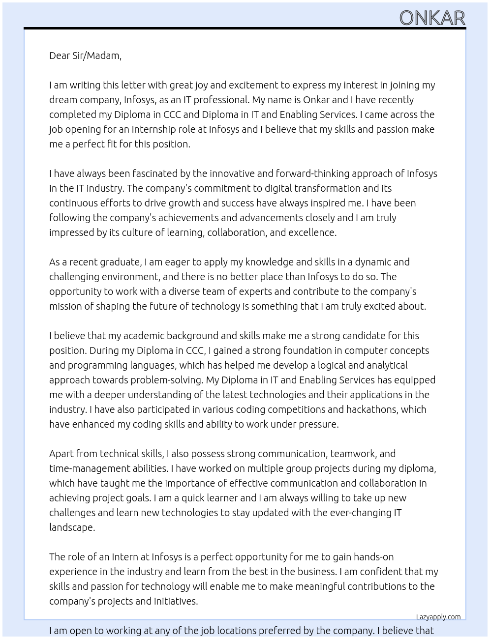 IT At Infosys Cover Letter