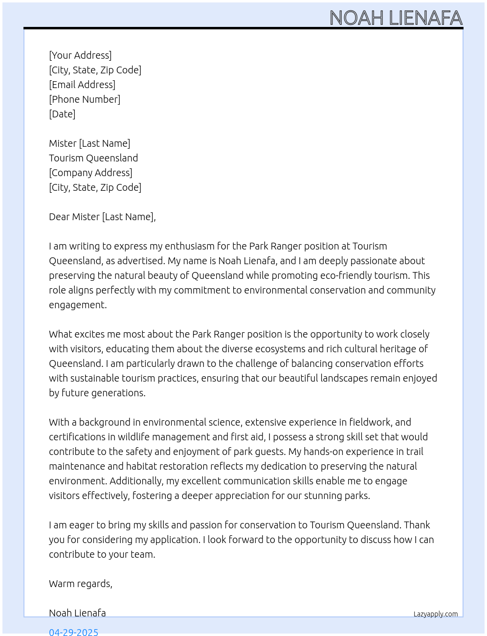 Park ranger At Tourism Queensland Cover Letter