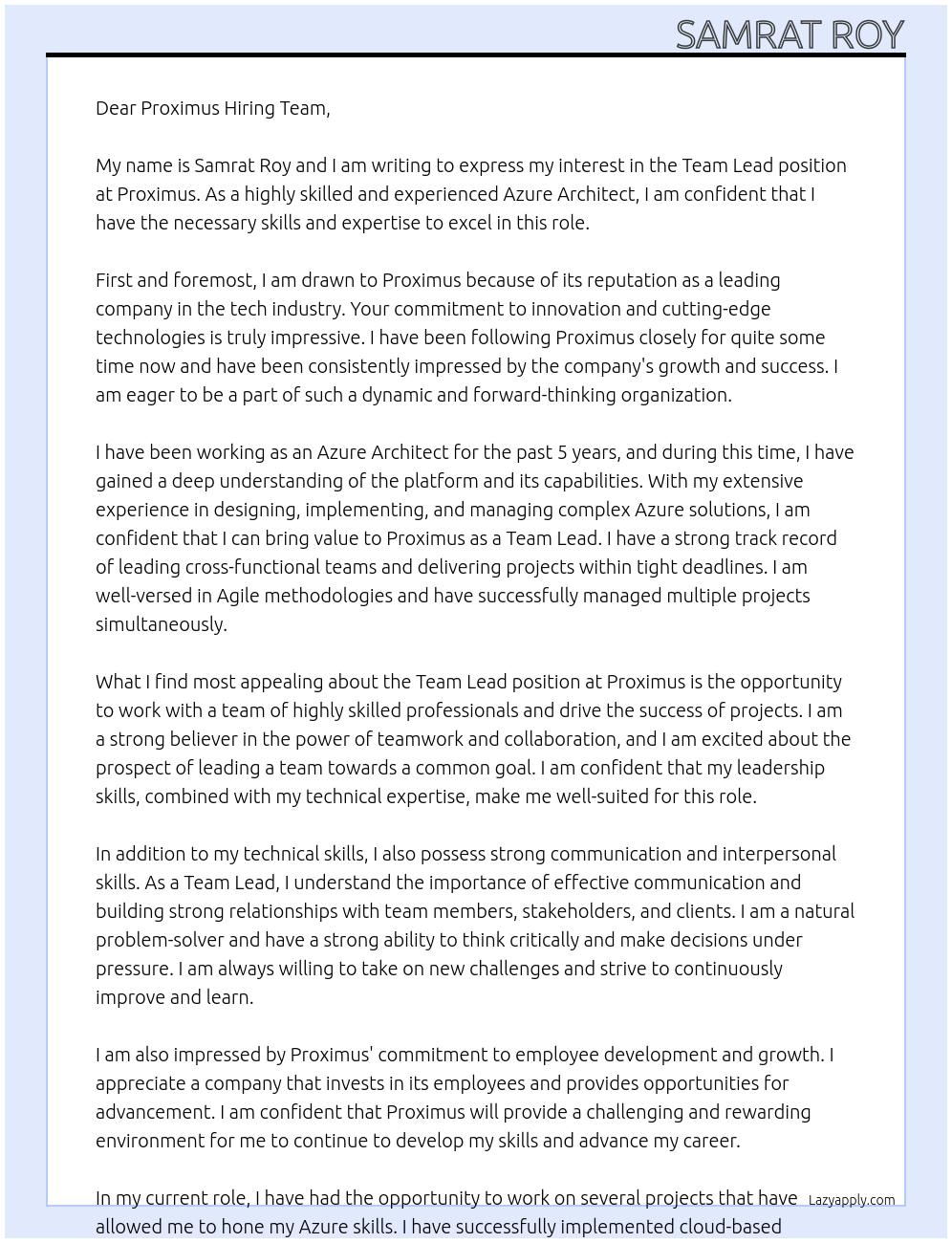 Team lead At Proximus Cover Letter