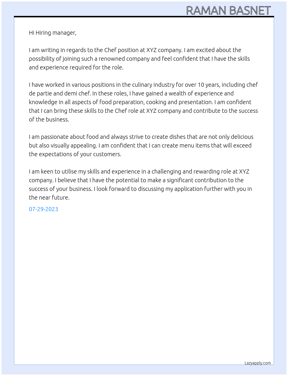Chef At Xyz Cover Letter
