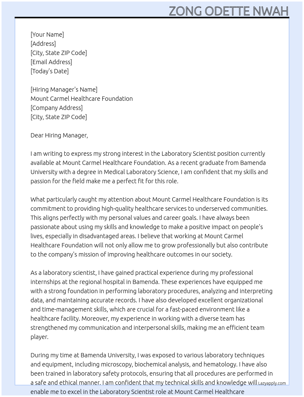 Laboratory Scientist  At Mount Carmel Healthcare Foundation  Cover Letter