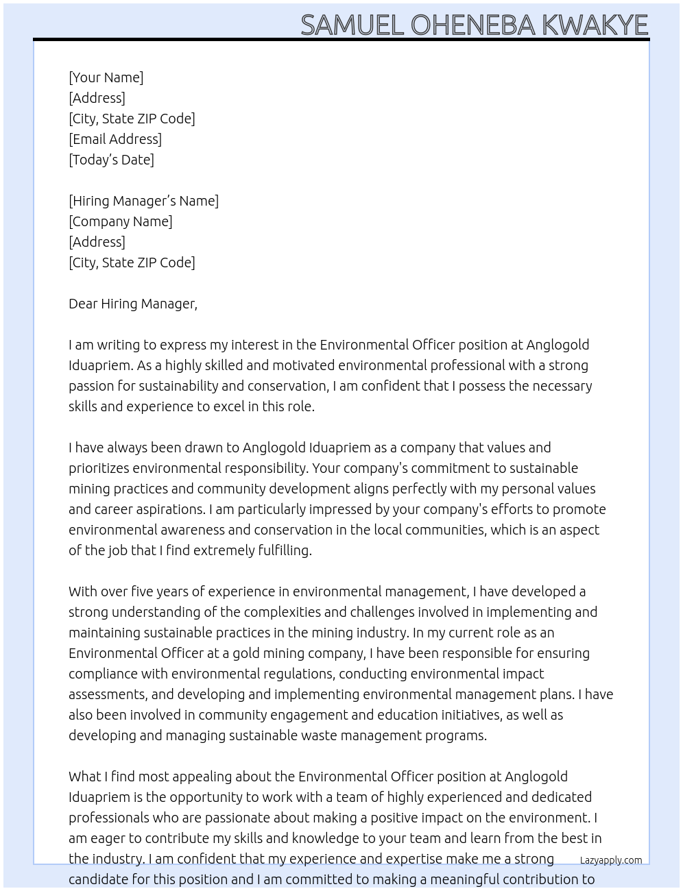 Environmental officer At Anglogold Iduapriem Cover Letter