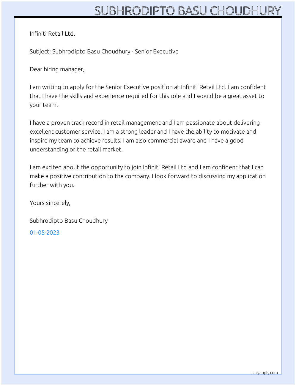 Cover Letter For Infiniti Retail Ltd LazyApply