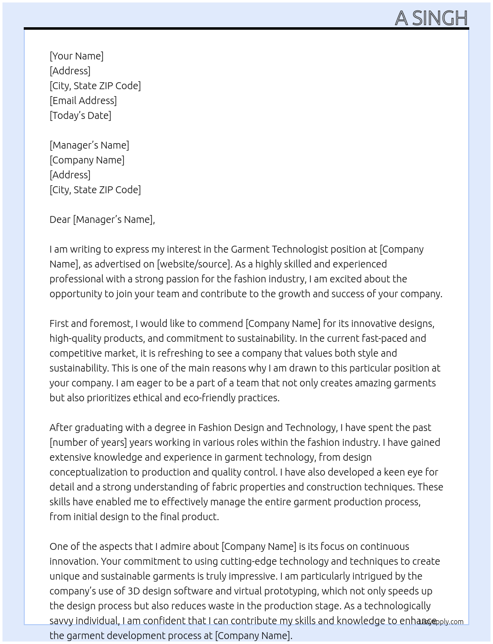 Garment technologist At COMPANY Cover Letter