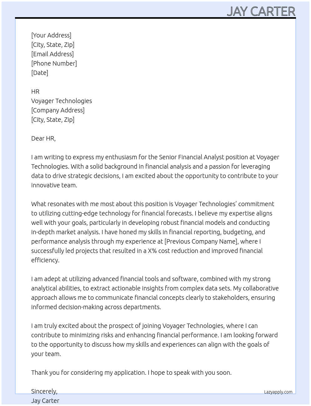 Cover letter for senior financial analyst - LazyApply