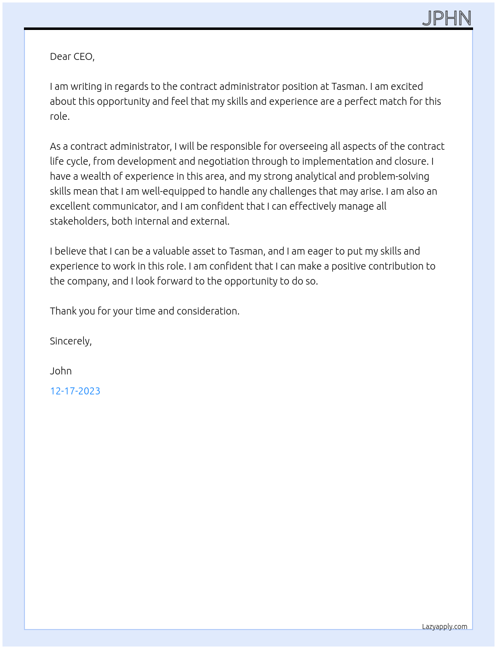 Contract Administrator At Tasman Cover Letter