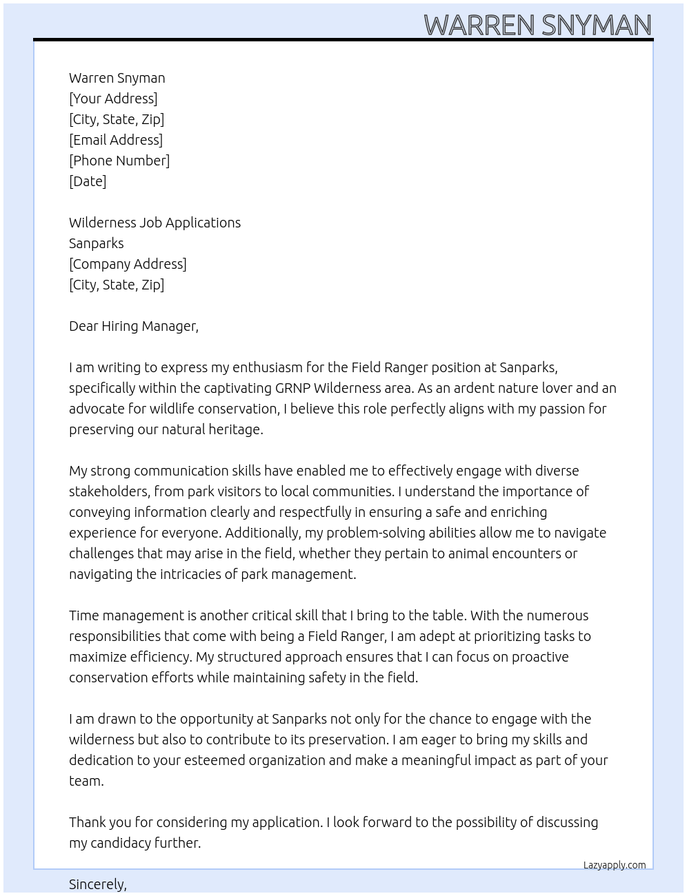 Field Ranger At Sanparks Cover Letter