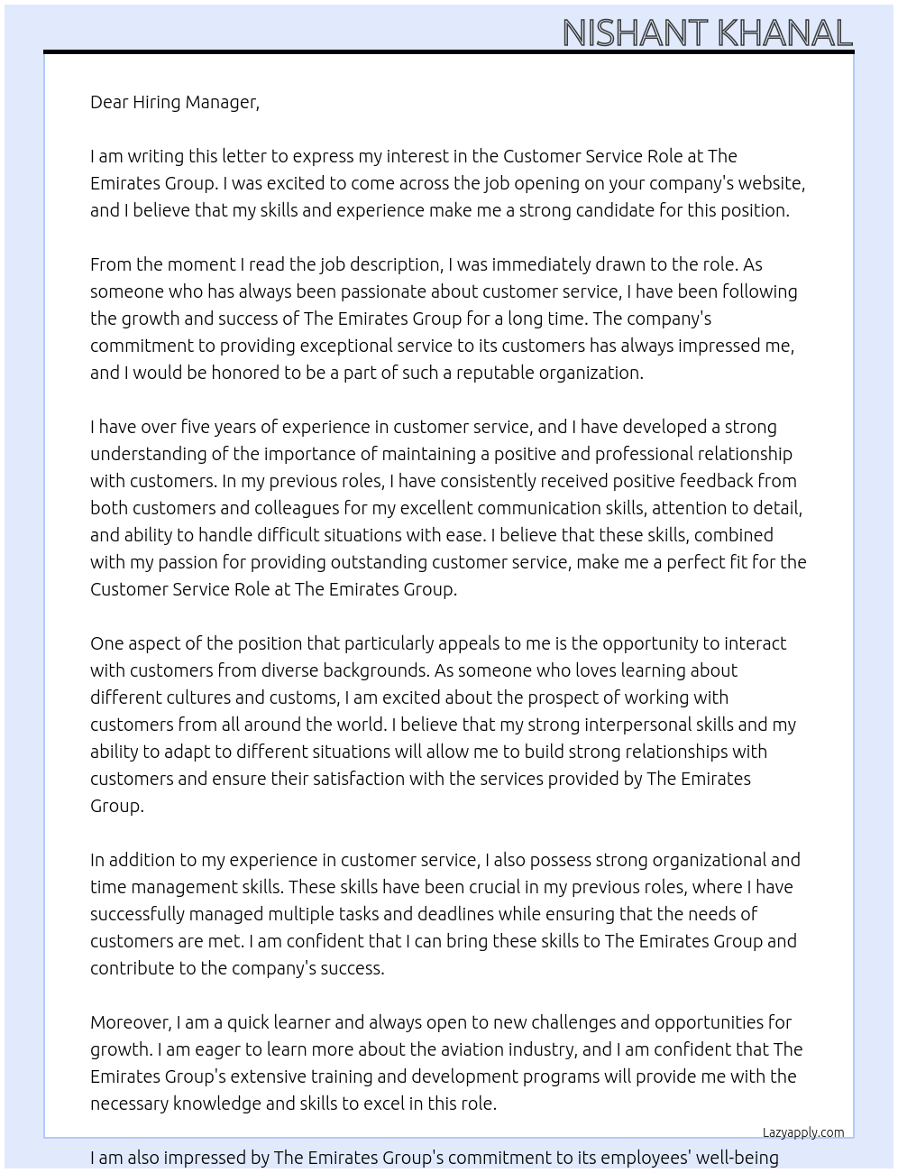 Customer service Role At The Emirates group Cover Letter