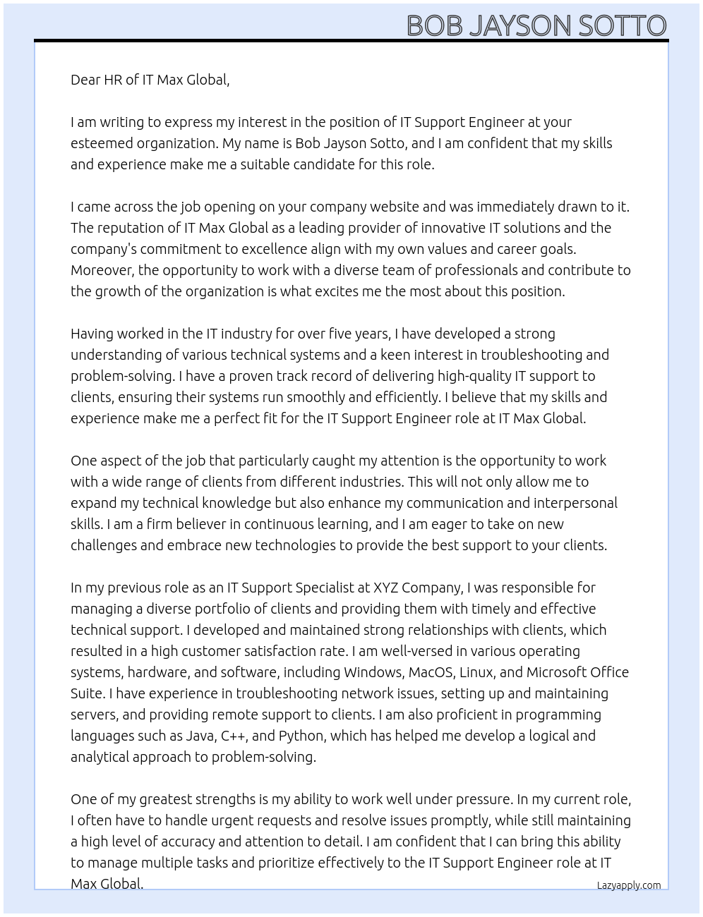 IT Support Engineer At IT Max Global Cover Letter