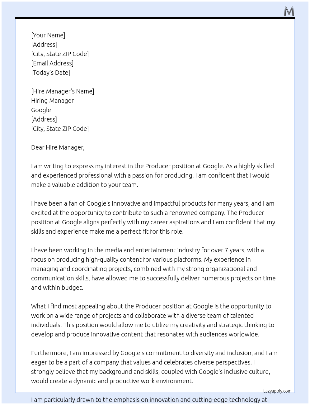 Producer At Google Cover Letter