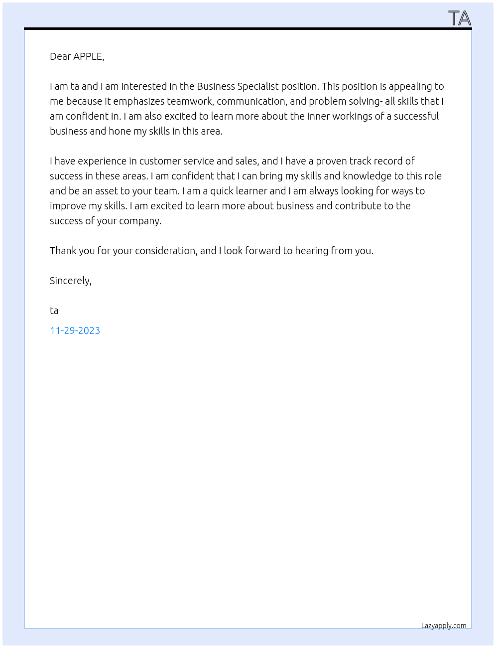 Business Specialist At APPLE Cover Letter