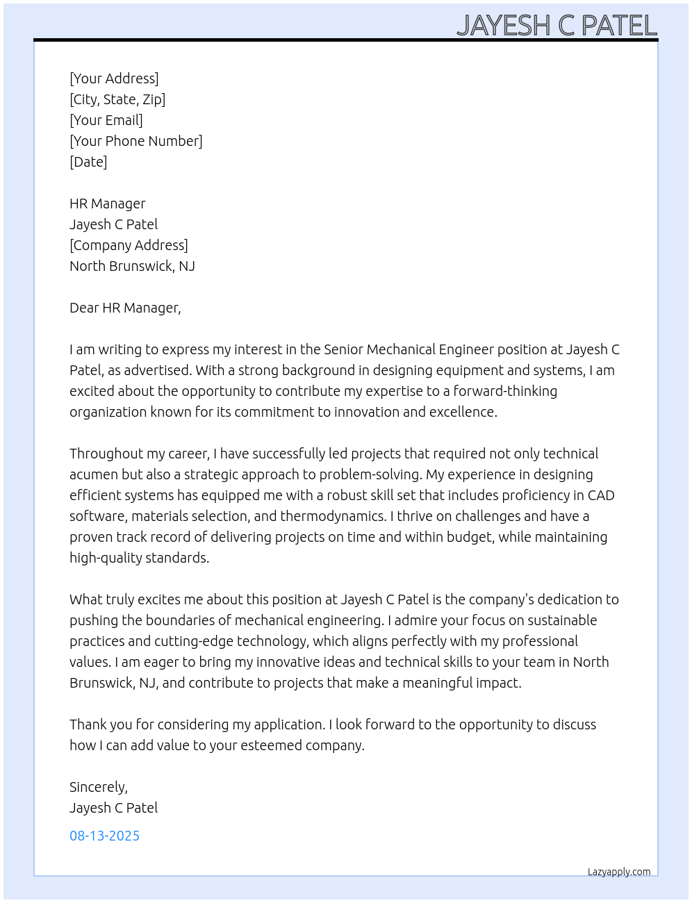 Mechanical Engineer At Jayesh C Patel Cover Letter