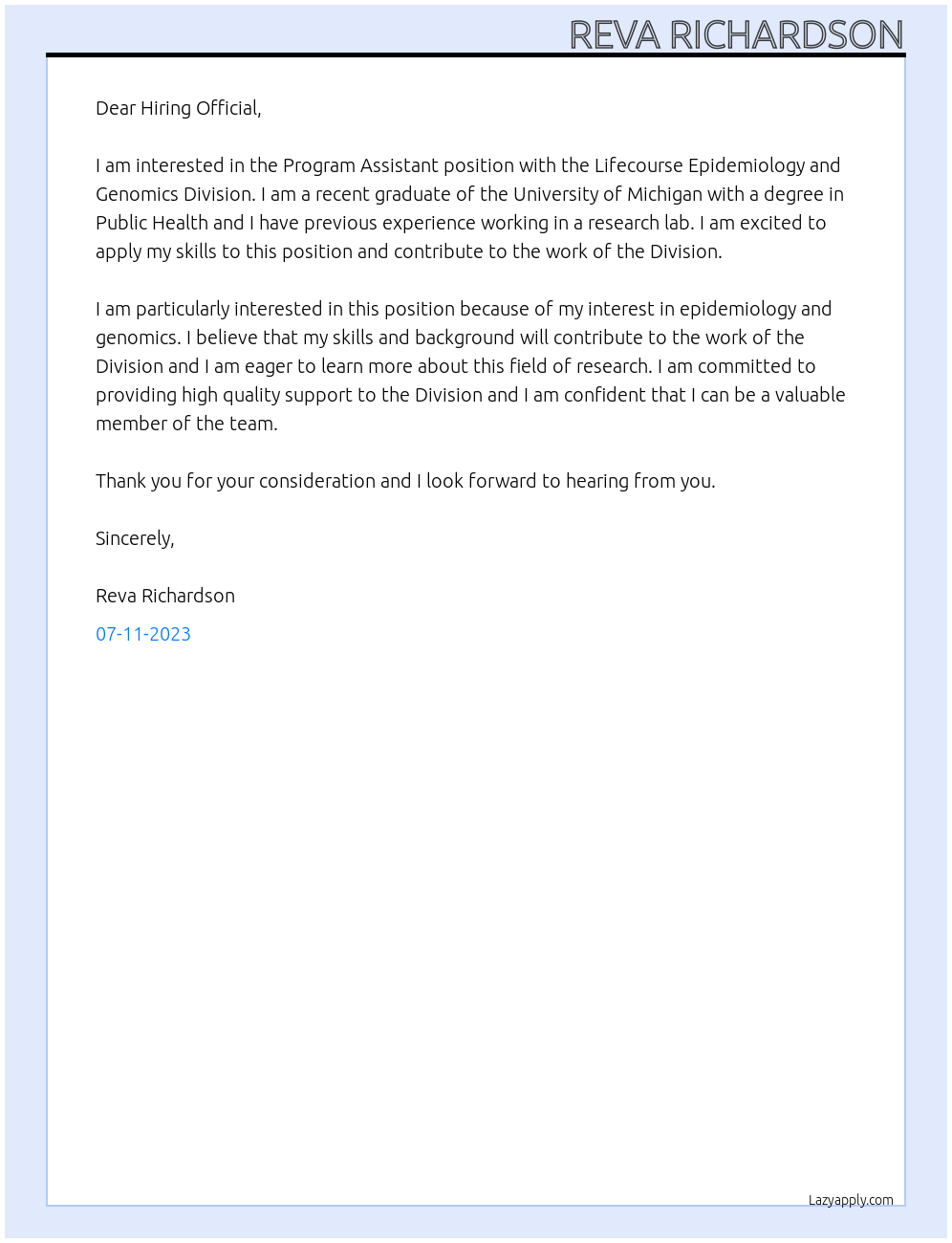 Program Assistant At Lifecourse Epidemiology and Genomics Division Cover Letter