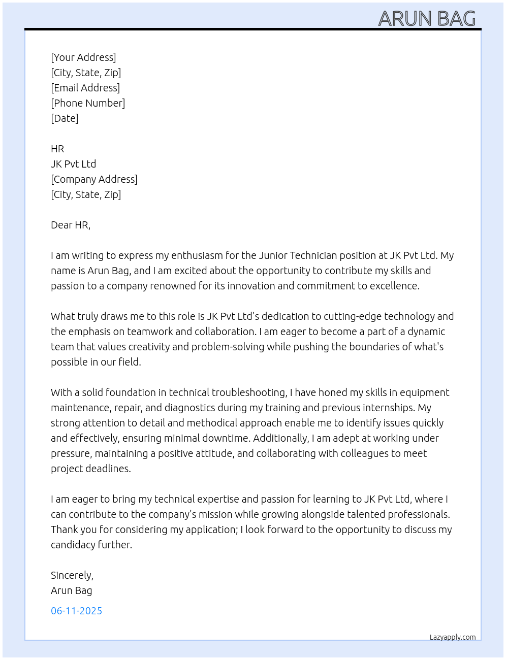 Junior technician At Jk pvt Ltd Cover Letter