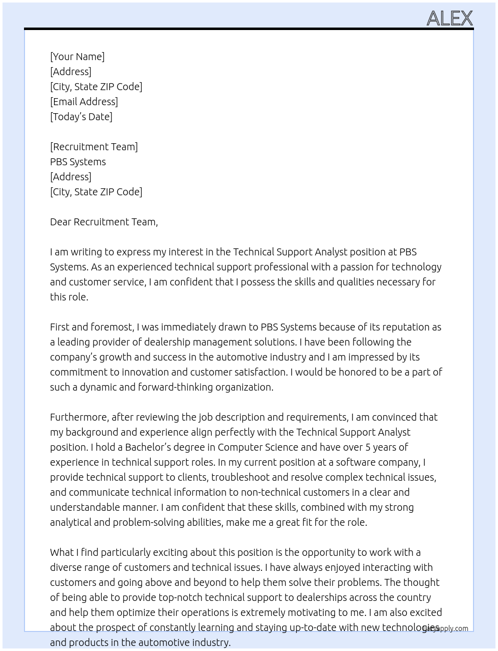 Technical Support Analyst At pbs systems Cover Letter