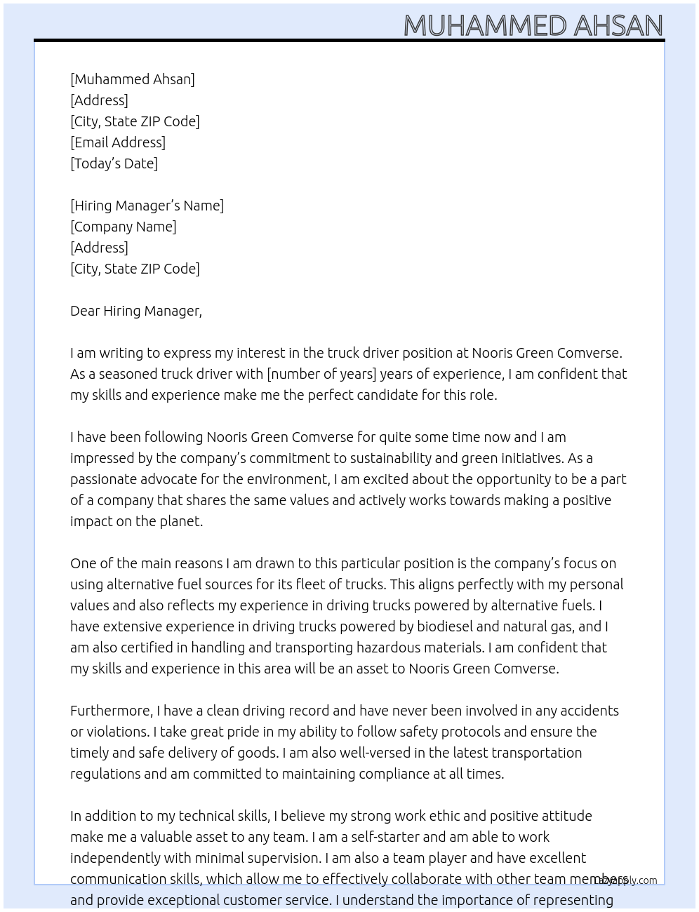 truck driver At Nooris green Comverse Cover Letter