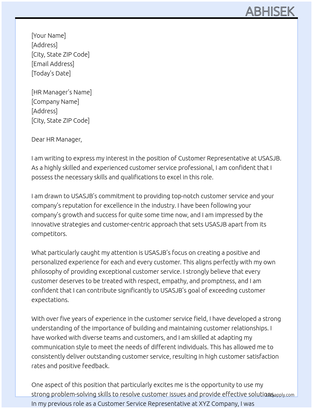 Customer representative At USASJB Cover Letter