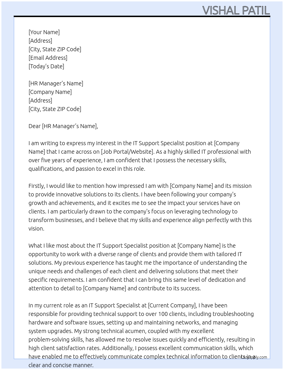 IT support Specialist At Freelancing Cover Letter