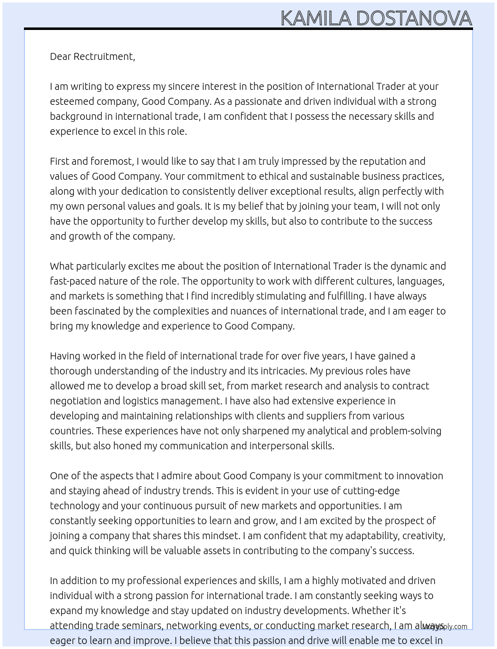 International Trader At Good company Cover Letter