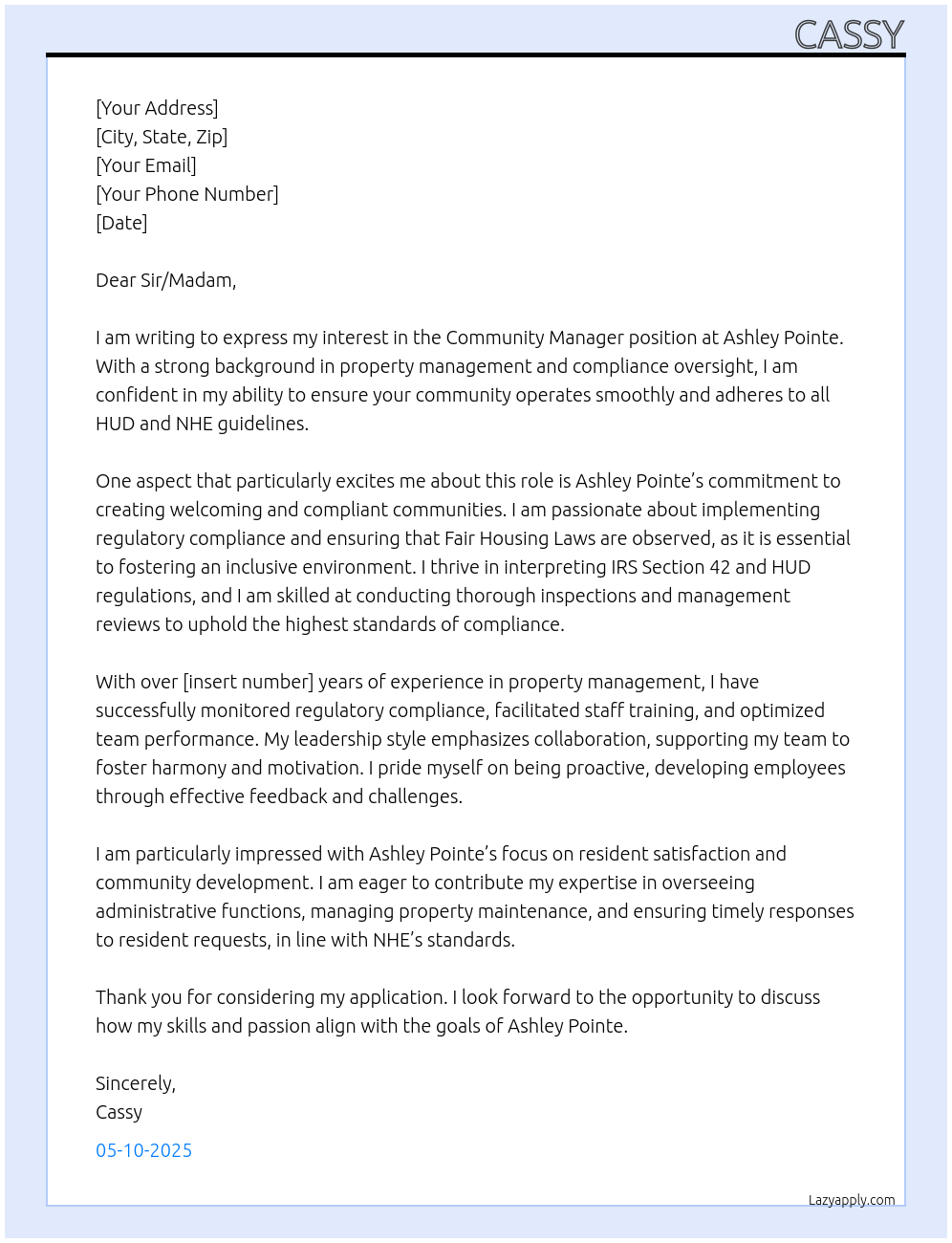 Community Manager At Ashley Pointe Cover Letter