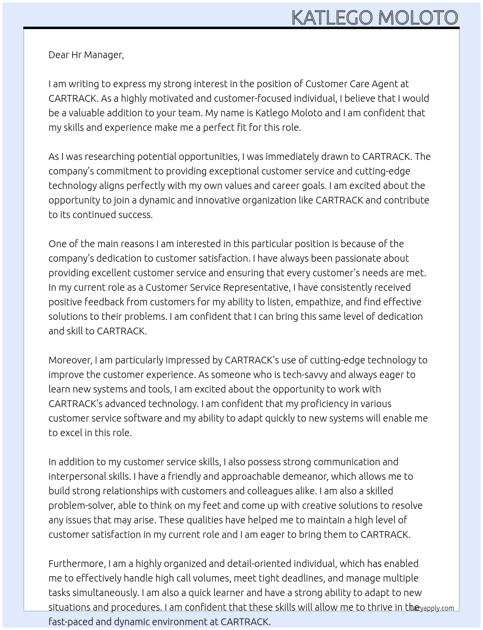 Customer care agent At CARTRACK Cover Letter