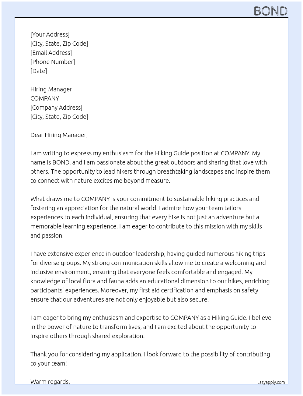 Hiking guide At COMPANY Cover Letter