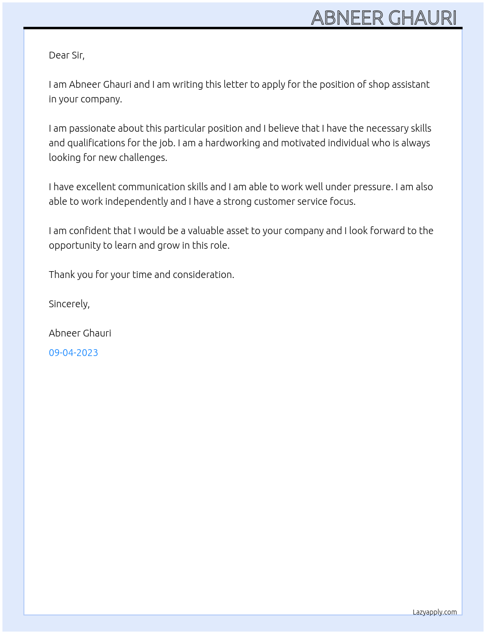 Shop assistant At Your company Cover Letter