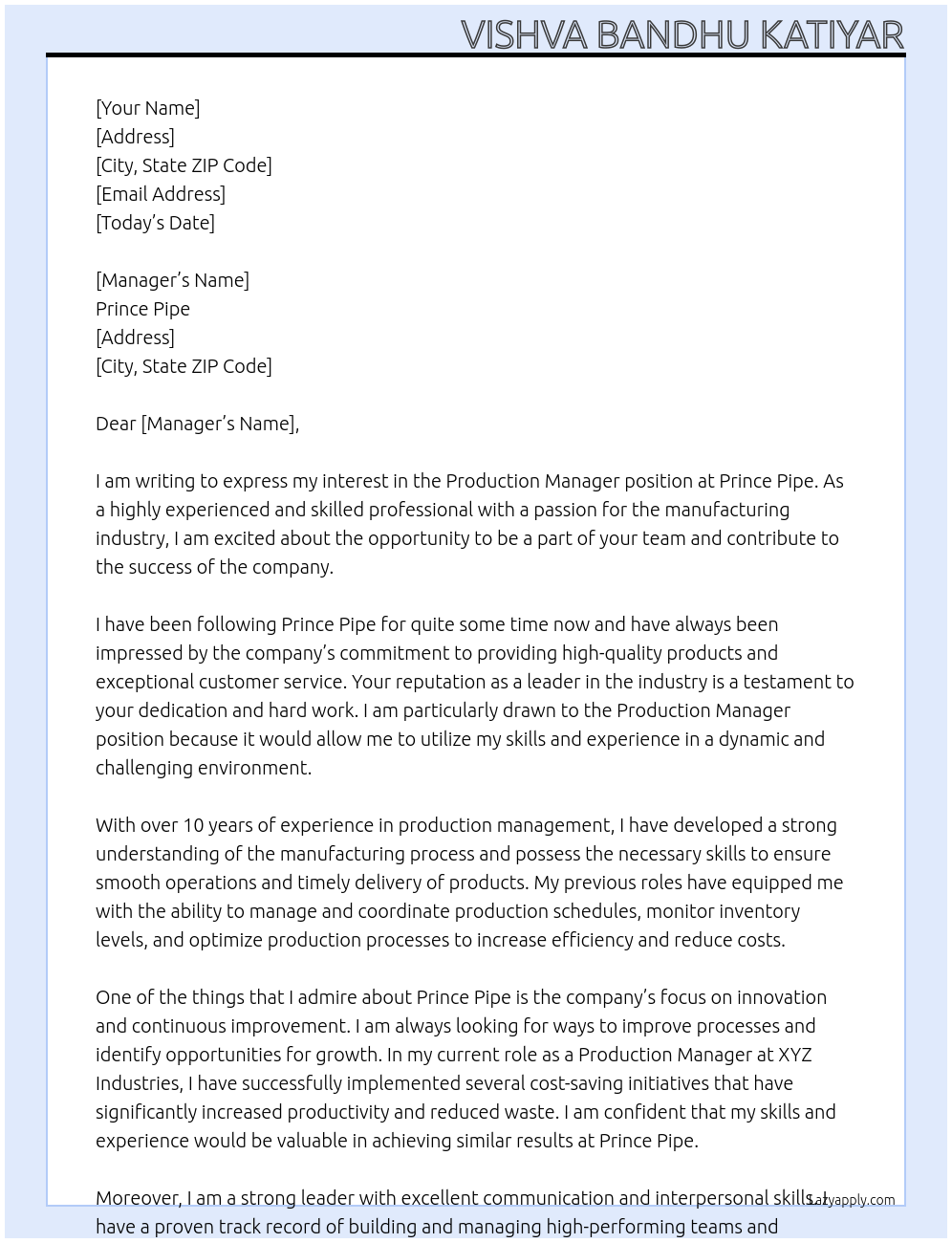 Production manager At prince pipe Cover Letter