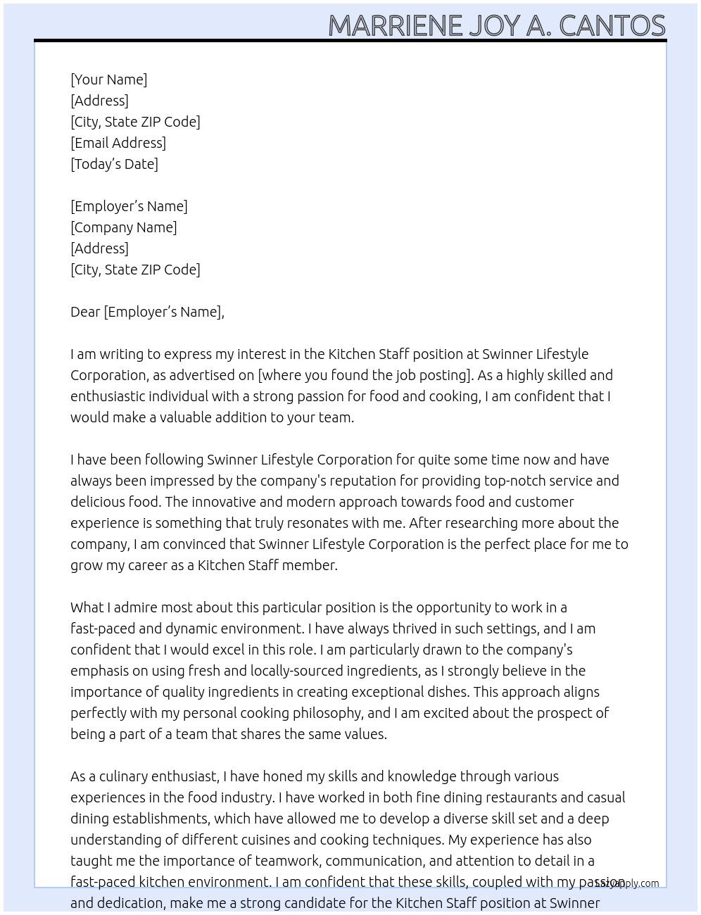 Kitchen Staff At Swinner Lifestyle Corporation Cover Letter