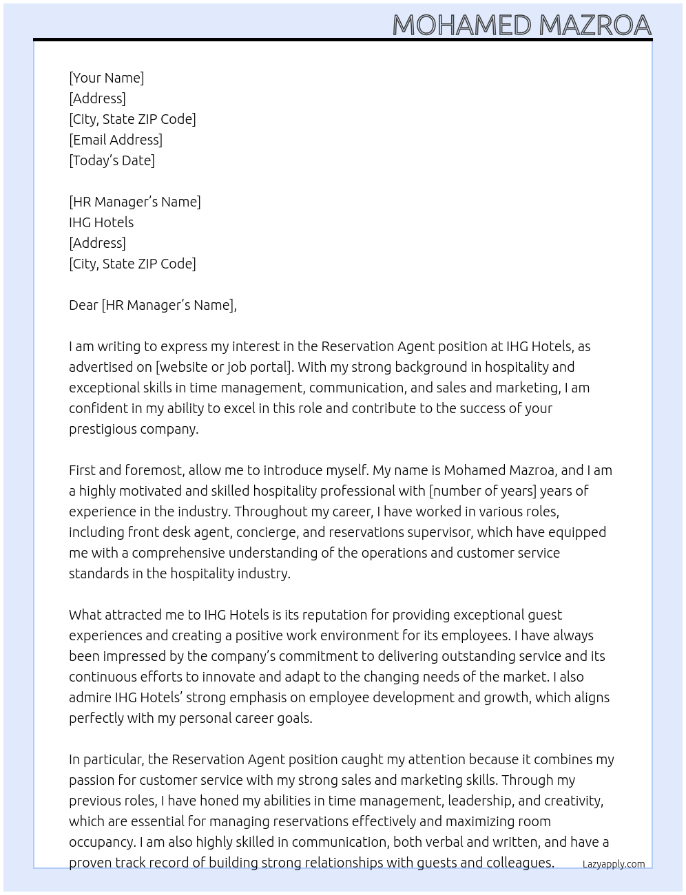  Reservation Agent At IHG HOTELS Cover Letter