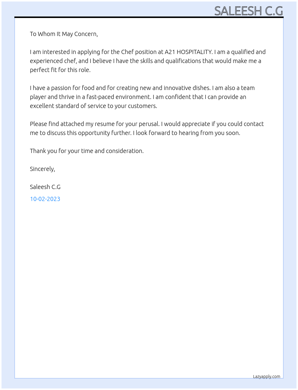 Chef At A21 HOSPITALITY Cover Letter