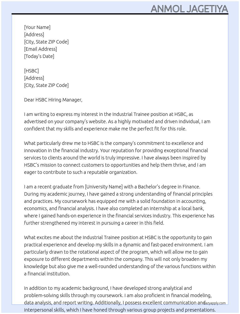 Industrial Trainee At HSBC Cover Letter