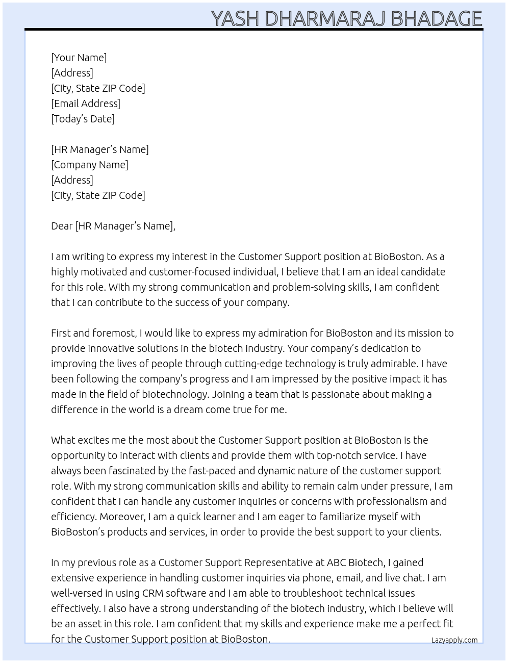 Customer Support  At BioBoston Cover Letter