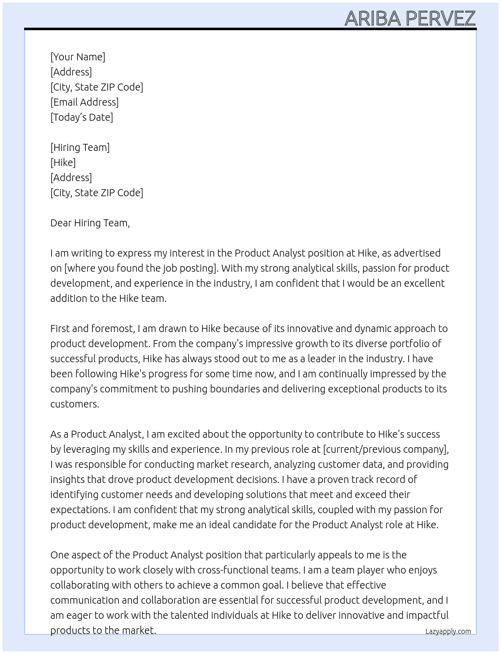 Product Analyst At Hike Cover Letter