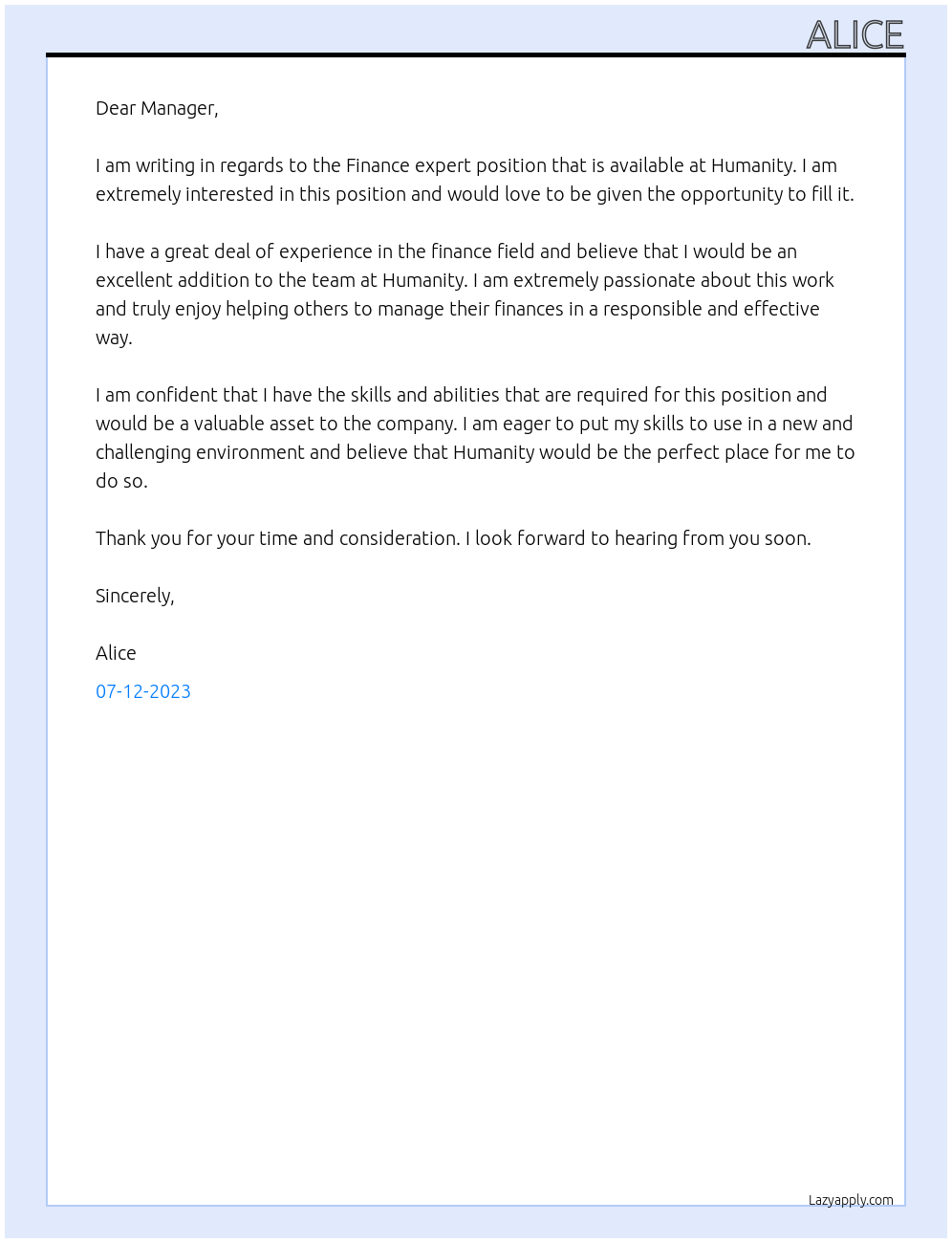 Finance expert At Humanity Cover Letter