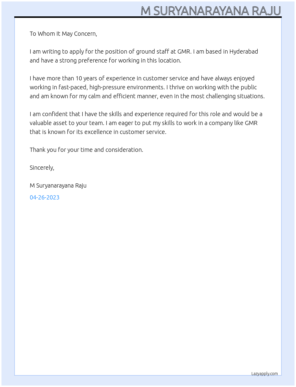 GROUND STAFF At GMR Cover Letter