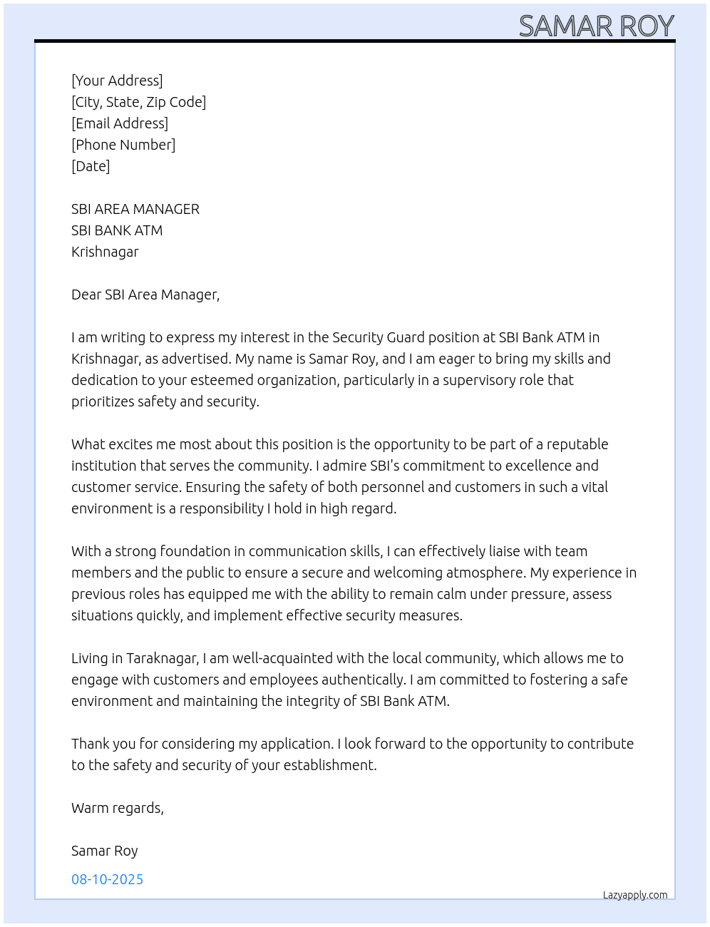 Security Guard At SBI BANK ATM, KRISHNAGAR Cover Letter