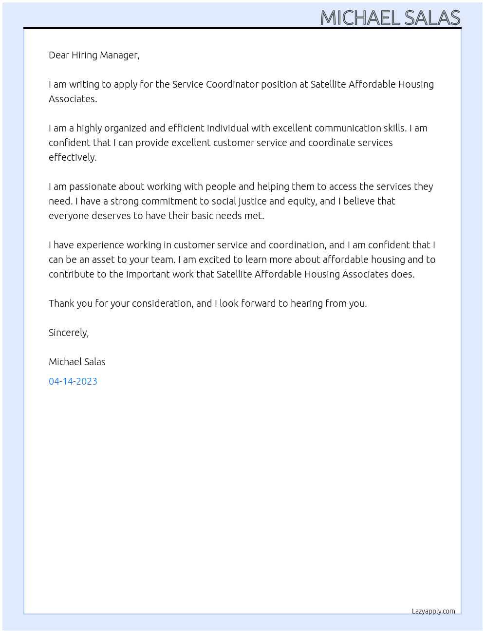 Service Coordinator At Satellite Affordable Housing Associates  Cover Letter