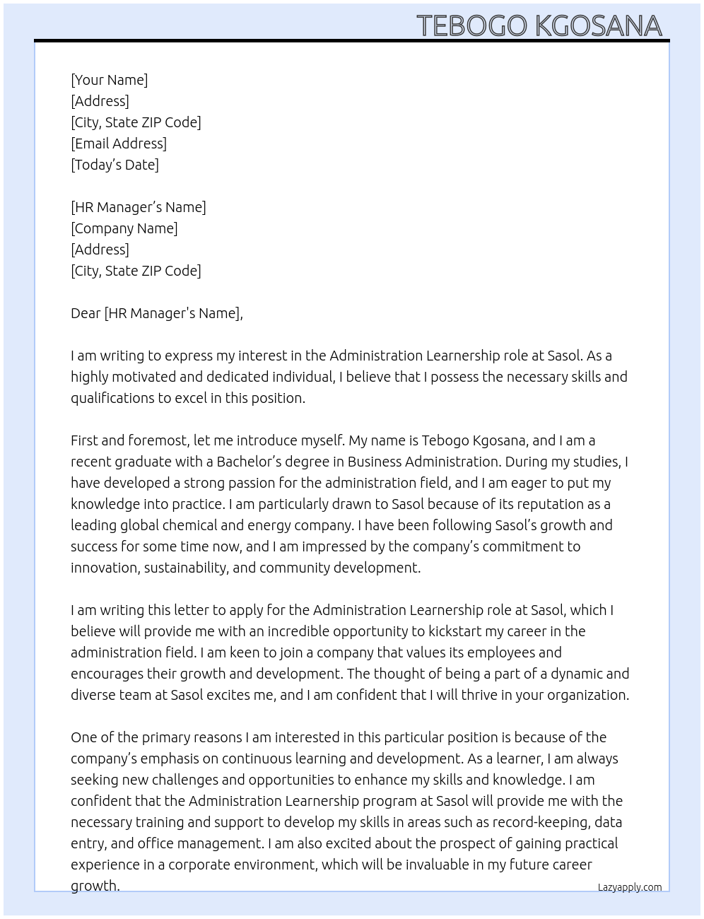 Administration learnership At Sasol  Cover Letter