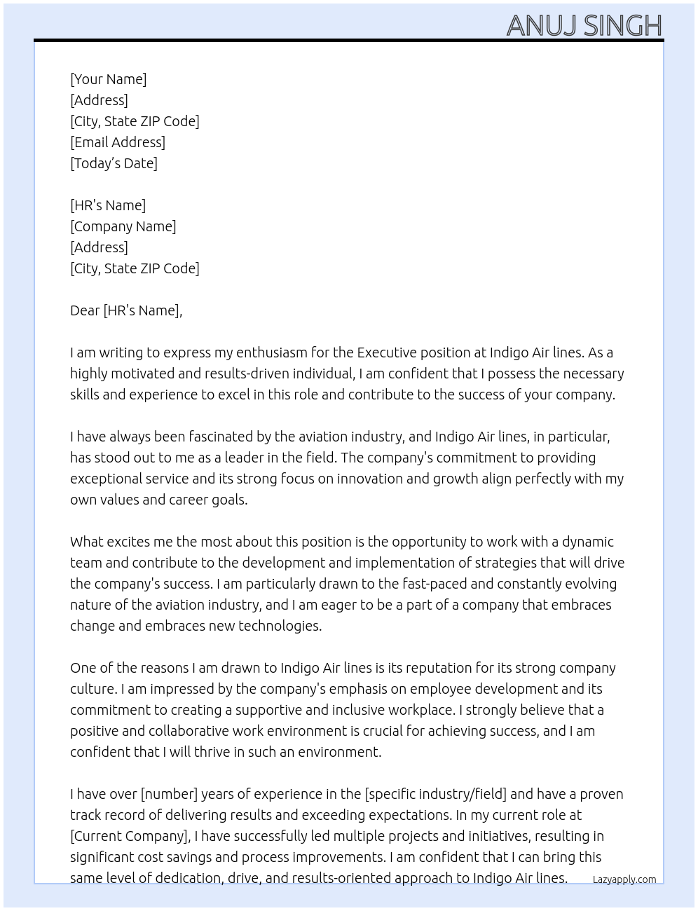 Executive At Indigo Air lines Cover Letter
