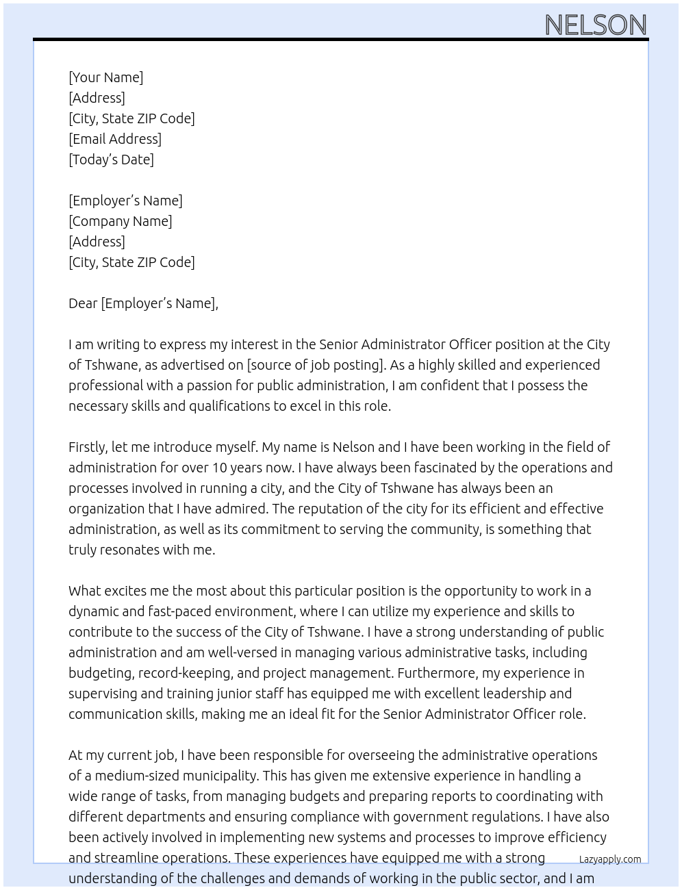 Senior Administrator Officer At City of Tshwane Cover Letter