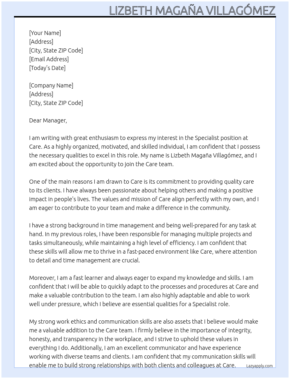 Specialist At Care Cover Letter